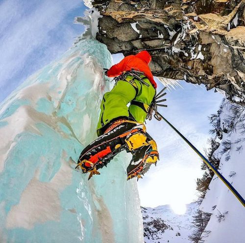 ice climbing wearing la sportiva g2 boot