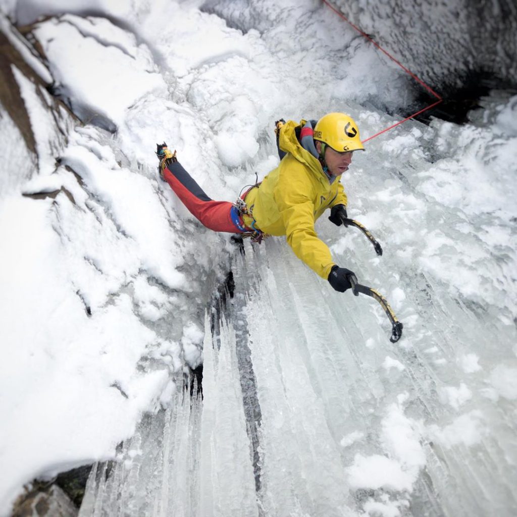 aaron mulkey coldfear grivel dark machine ice tool during ice ascent