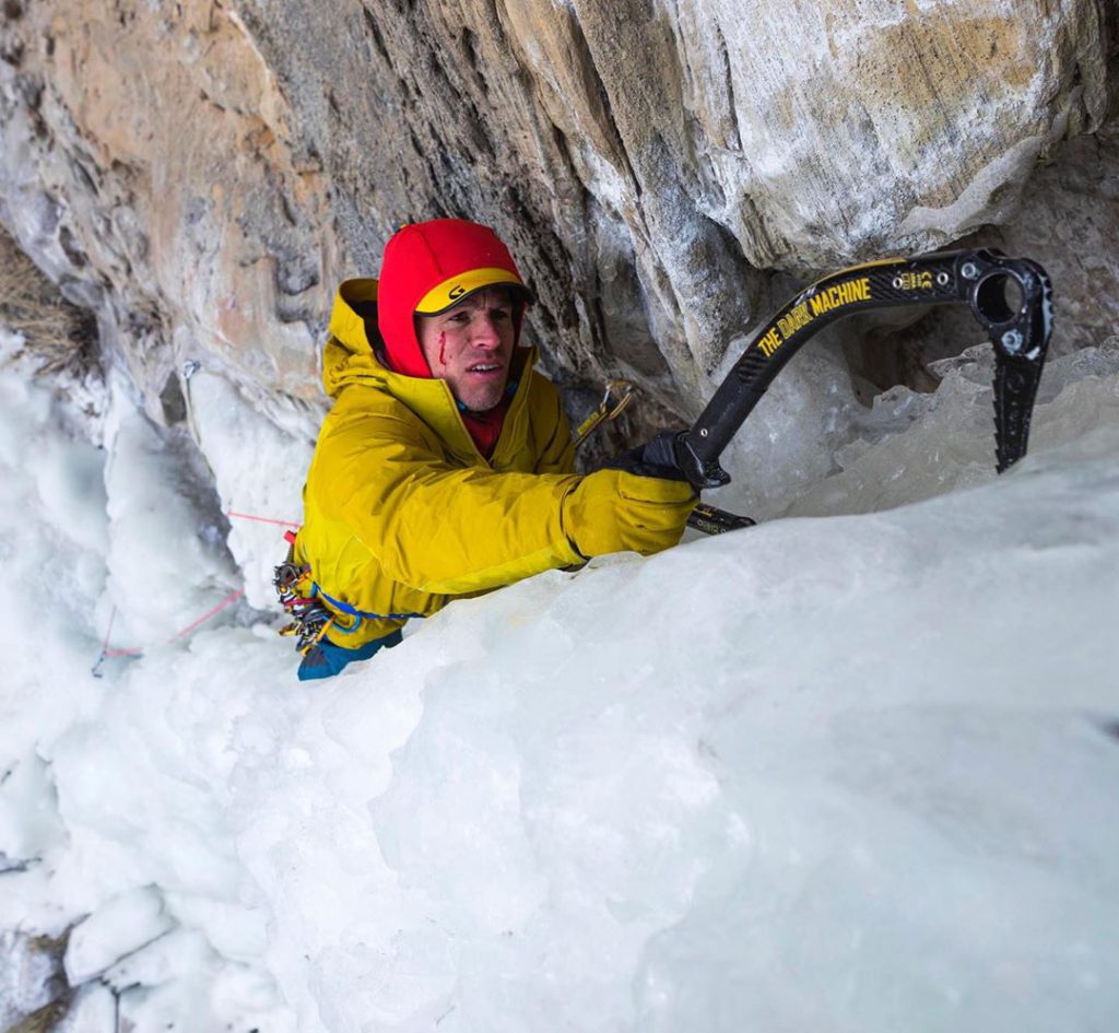 aaron mulkey coldfear grivel dark machine ice tool during ice climbing